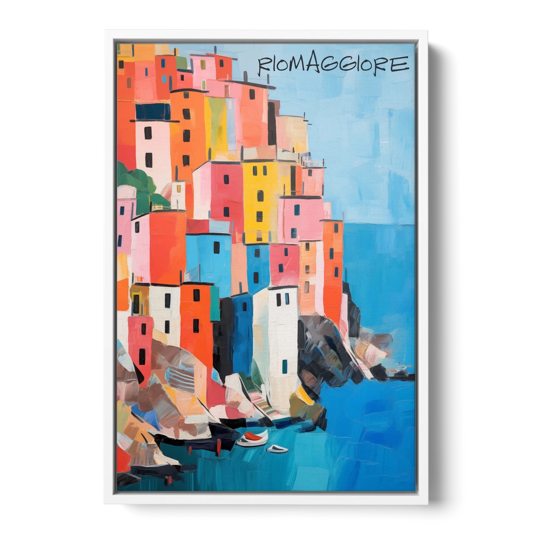 Palette Knife Painting of Riomaggiore - White Framed Canvas Wall Art - Front