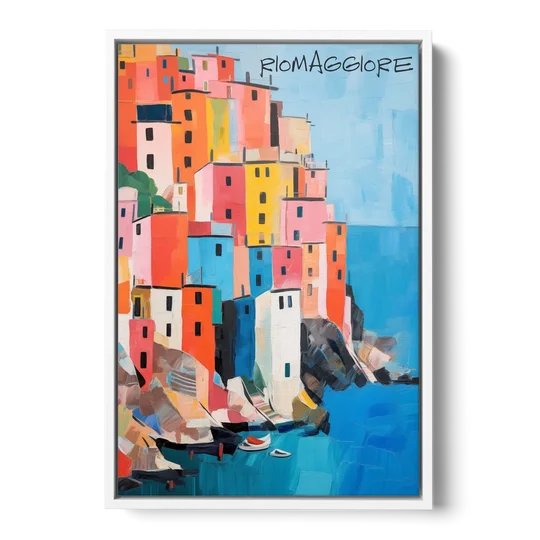 Palette Knife Painting of Riomaggiore - White Framed Canvas Wall Art - Front