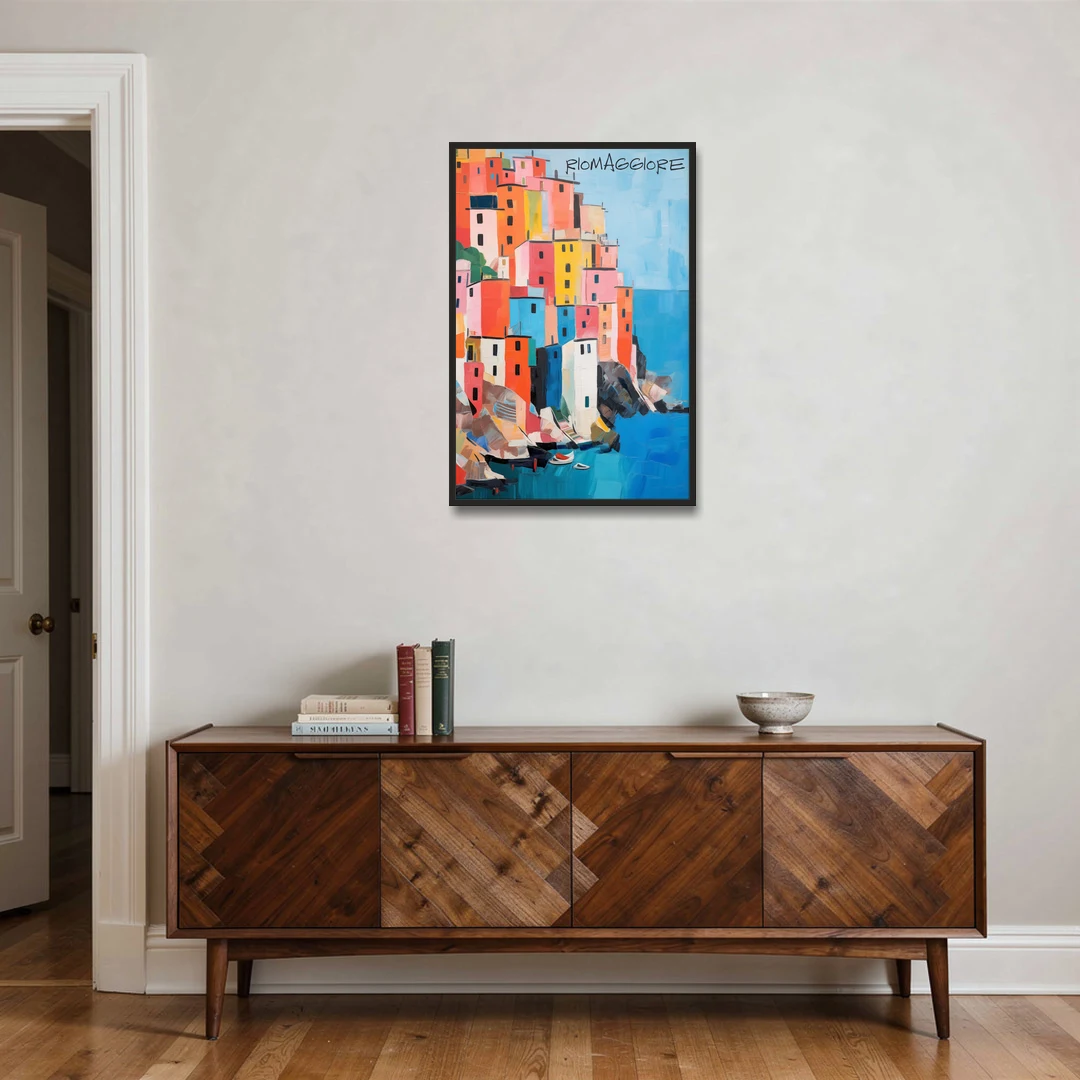 Palette Knife Painting of Riomaggiore - Black Framed Canvas Wall Art - Coffee Table - 24x36
