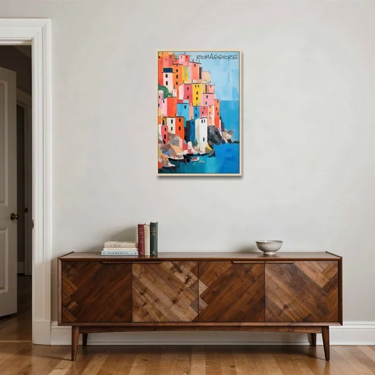 Palette Knife Painting of Riomaggiore - Oak Framed Canvas Wall Art - Coffee Table - 24x36