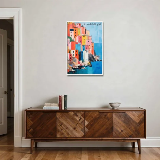 Palette Knife Painting of Riomaggiore - White Framed Canvas Wall Art - Coffee Table - 24x36