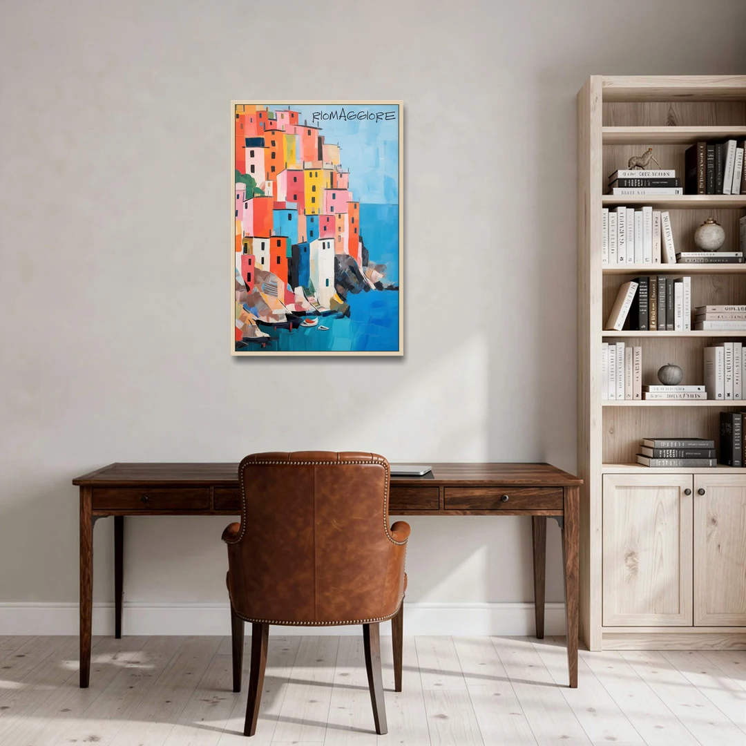 Palette Knife Painting of Riomaggiore - Oak Framed Canvas Wall Art - Office - 24x36