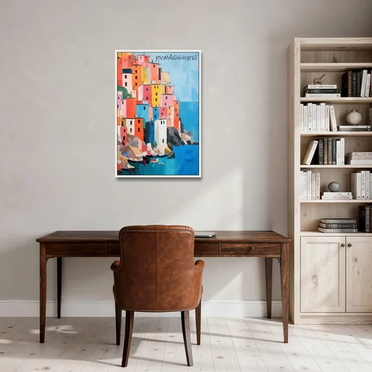 Palette Knife Painting of Riomaggiore - White Framed Canvas Wall Art - Office - 24x36
