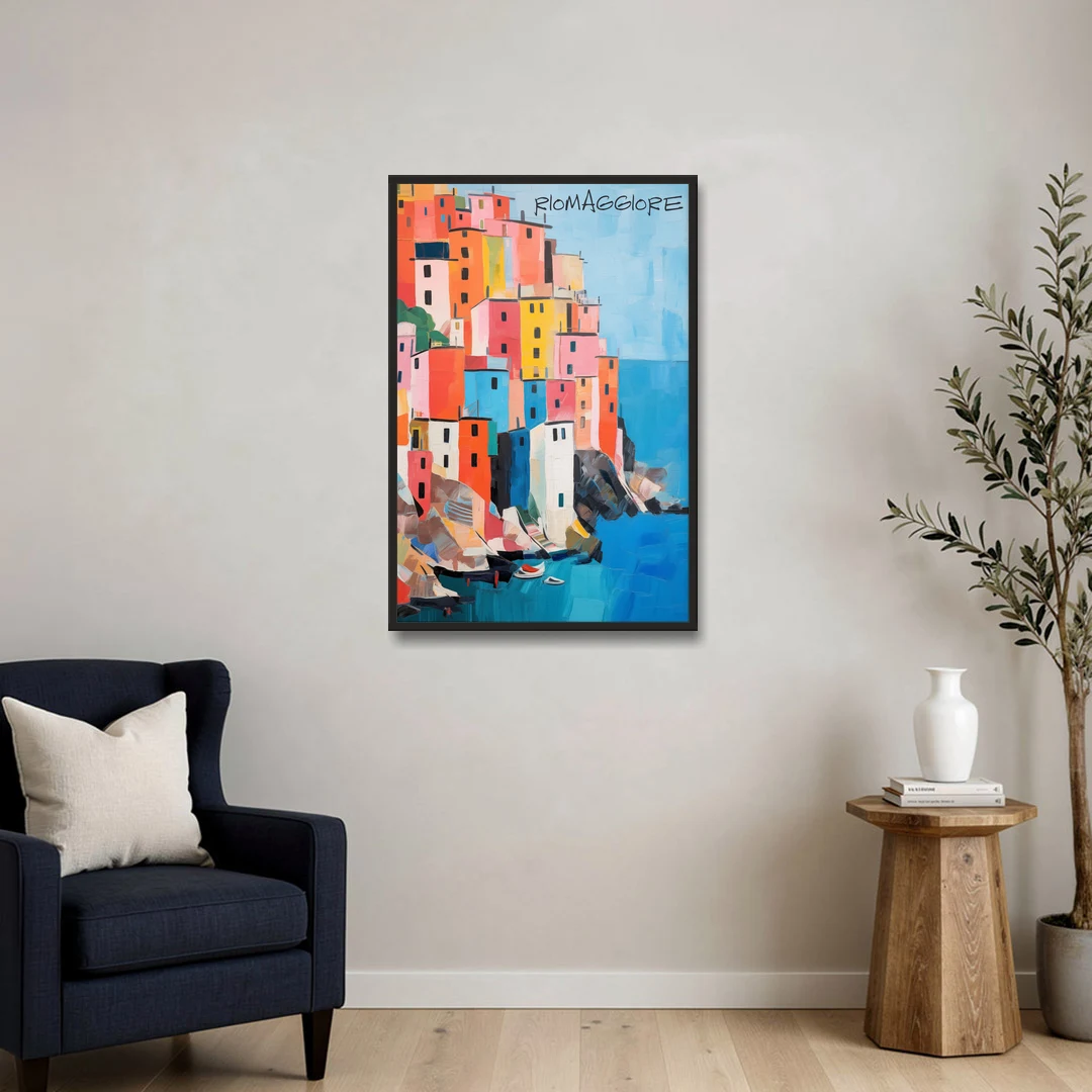Palette Knife Painting of Riomaggiore - Black Framed Canvas Wall Art - Sofa - 24x36