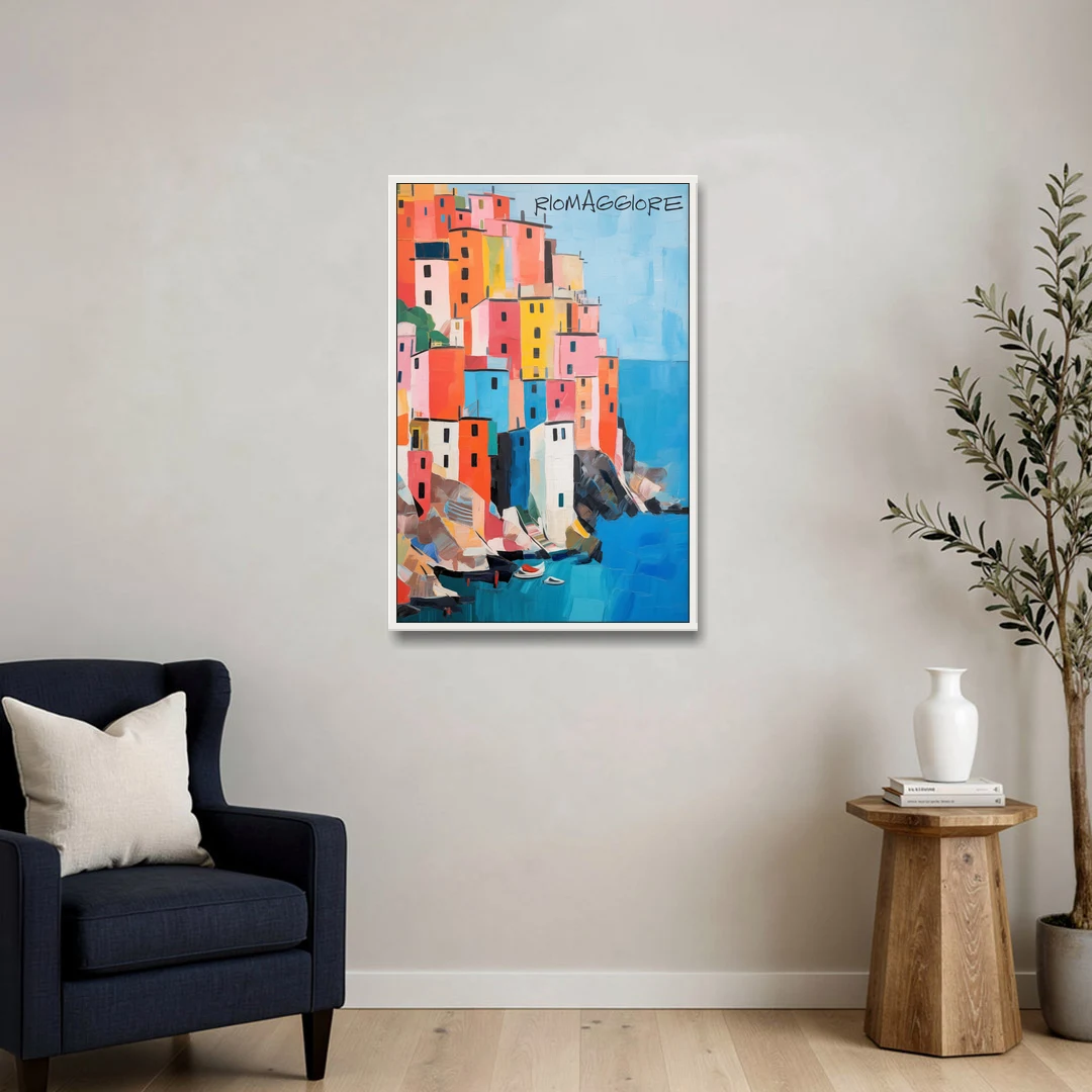 Palette Knife Painting of Riomaggiore - White Framed Canvas Wall Art - Sofa - 24x36