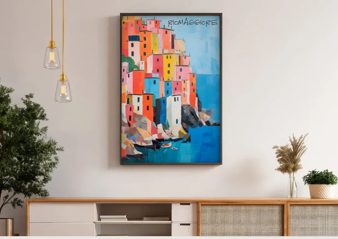 Palette Knife Painting of Riomaggiore canvas wall art above a wooden sideboard under pendant lights