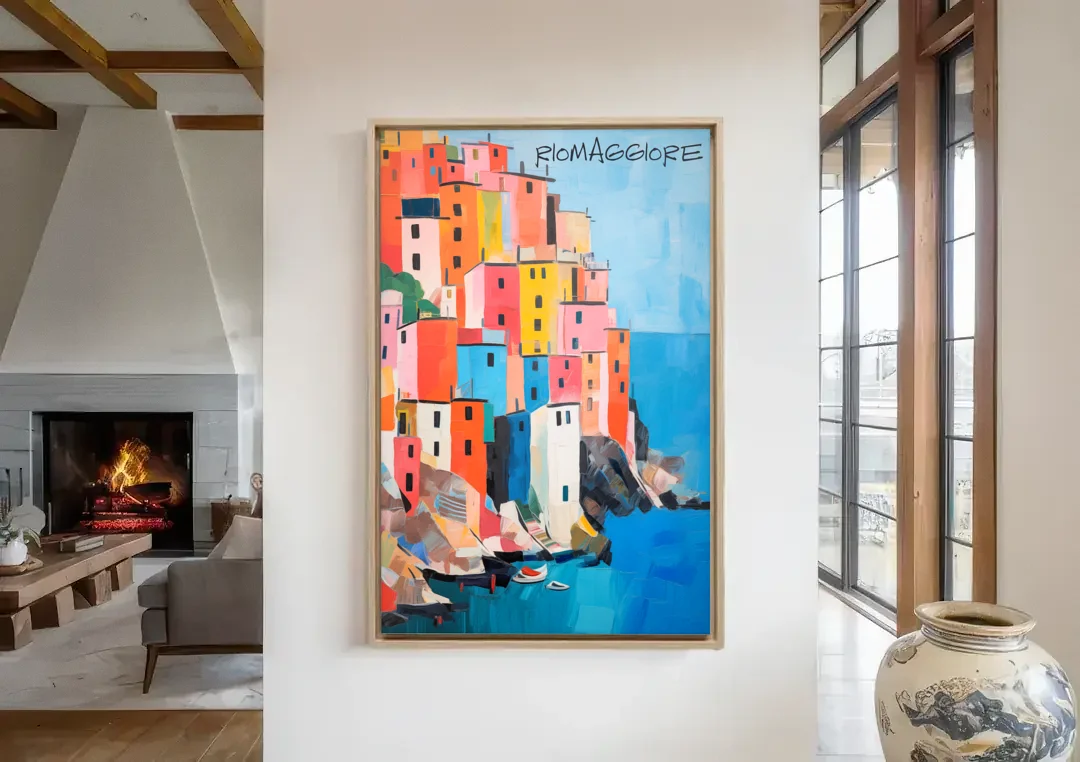 Palette Knife Painting of Riomaggiore canvas wall art in a living room with a fireplace