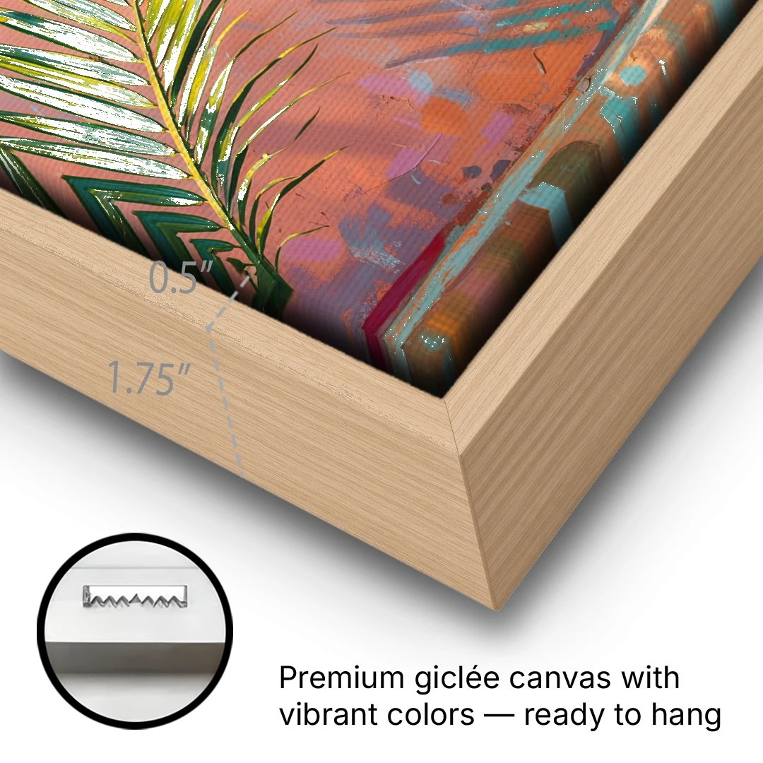 Palm Frond Wall Art with Coral Stucco Shadow - Oak Framed Canvas Wall Art - Gallery Wrap Corner