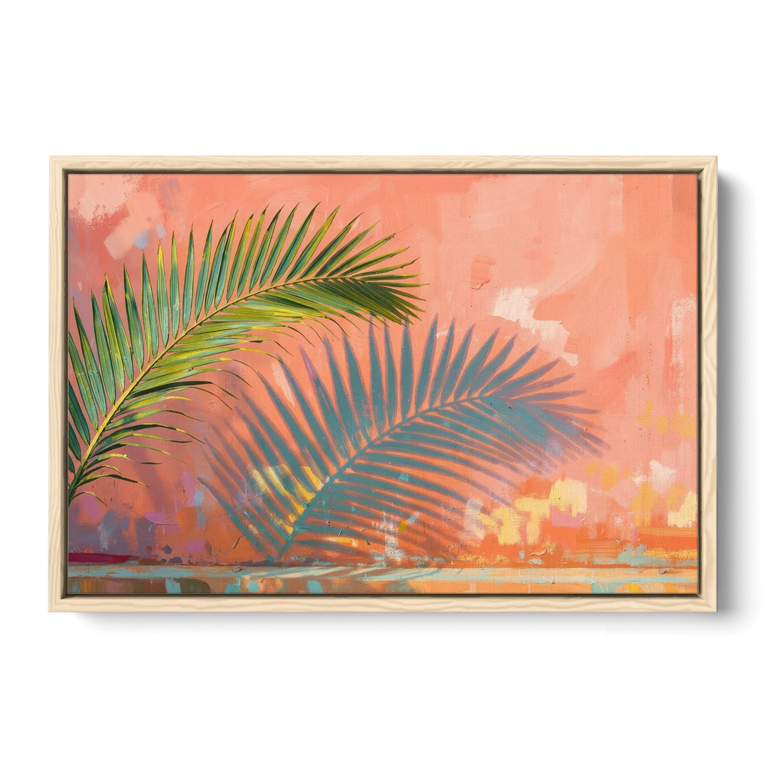 Palm Frond Wall Art with Coral Stucco Shadow - Oak Framed Canvas Wall Art - Front