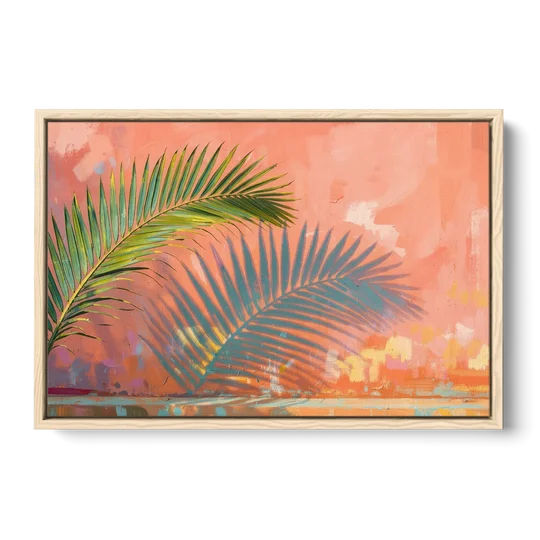 Palm Frond Wall Art with Coral Stucco Shadow - Oak Framed Canvas Wall Art - Front