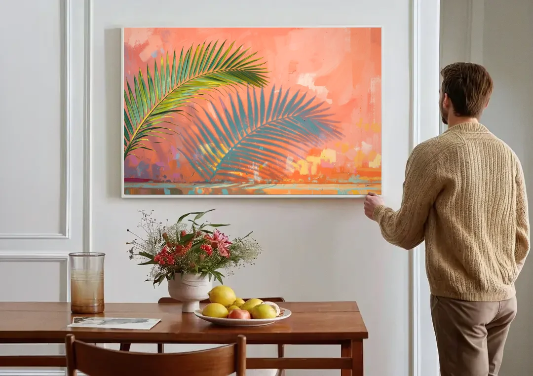 Palm Frond Wall Art with Coral Stucco Shadow canvas wall art above a dining table