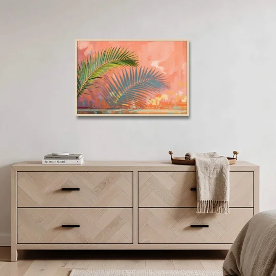 Palm Frond Wall Art with Coral Stucco Shadow - Oak Framed Canvas Wall Art - Coffee Table - 36x24