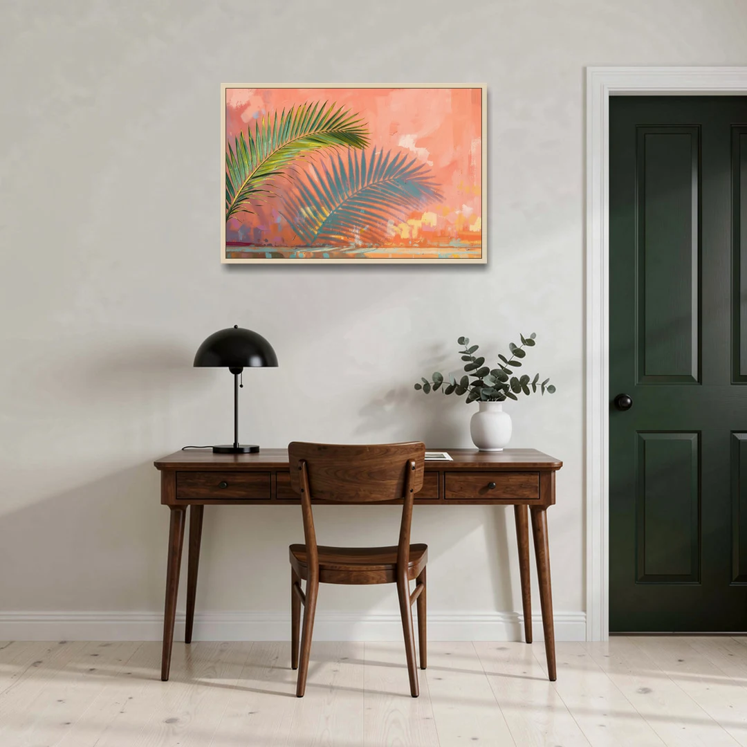 Palm Frond Wall Art with Coral Stucco Shadow - Oak Framed Canvas Wall Art - Office - 36x24