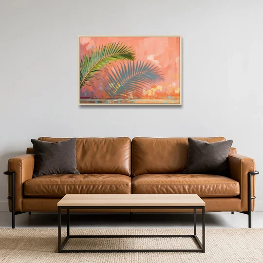 Palm Frond Wall Art with Coral Stucco Shadow - Oak Framed Canvas Wall Art - Sofa - 36x24