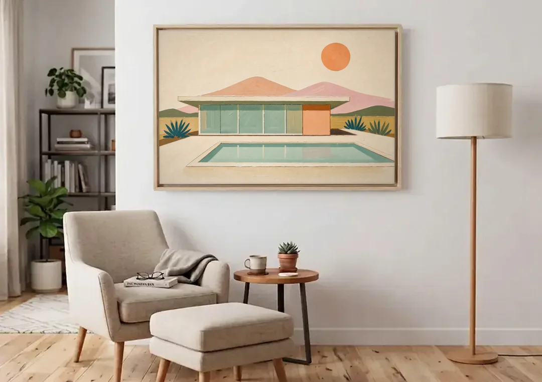 Palm Springs Art Glass Villa Beside the Pool canvas wall art above an armchair in a bright living room