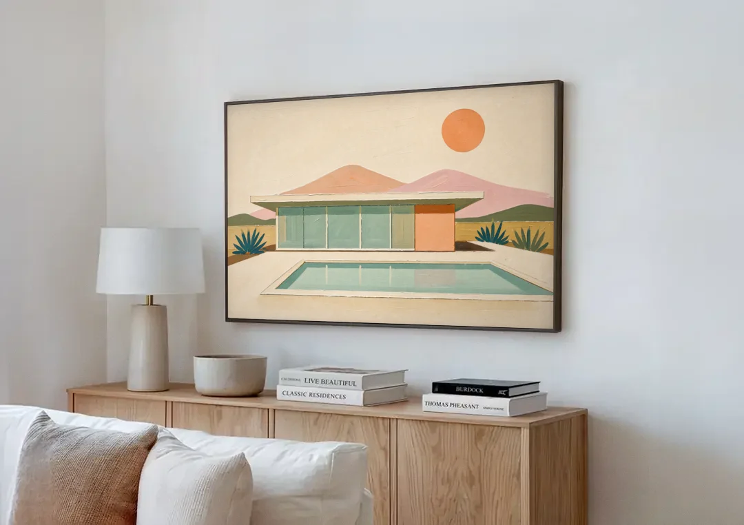 Palm Springs Art Glass Villa Beside the Pool canvas wall art above a wooden sideboard next to a sofa