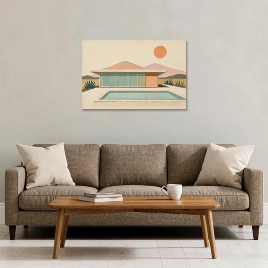Palm Springs Art Glass Villa Beside the Pool - Canvas Wall Art - Sofa - 36x24