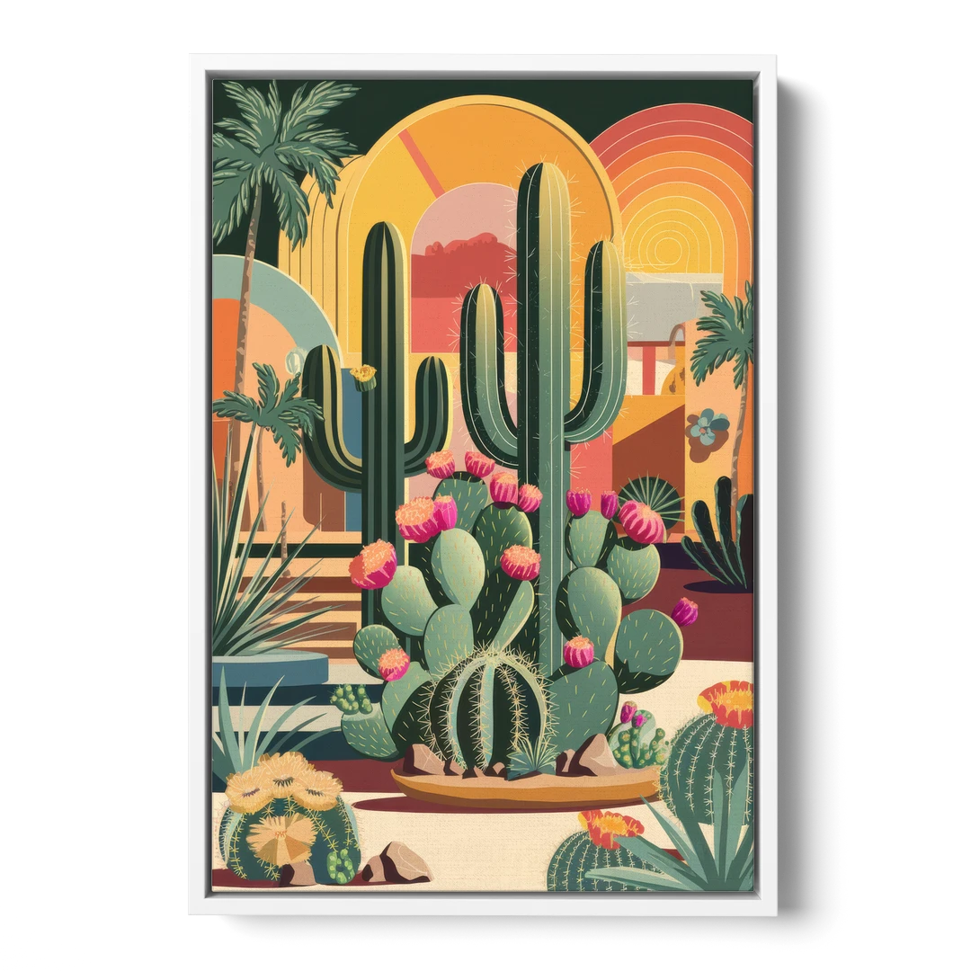 Palm Springs Colorful Cactus - White Framed Canvas Wall Art - Front