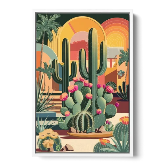 Palm Springs Colorful Cactus - White Framed Canvas Wall Art - Front