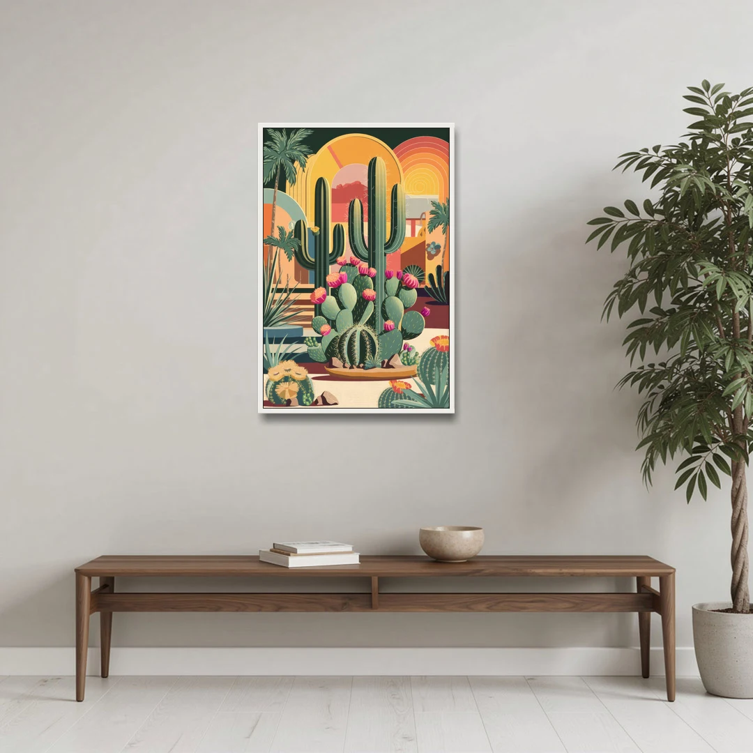 Palm Springs Colorful Cactus - White Framed Canvas Wall Art - Coffee Table - 24x36
