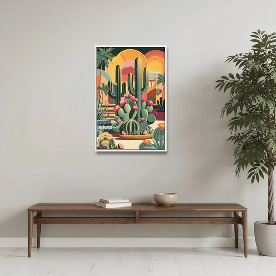Palm Springs Colorful Cactus - White Framed Canvas Wall Art - Coffee Table - 24x36