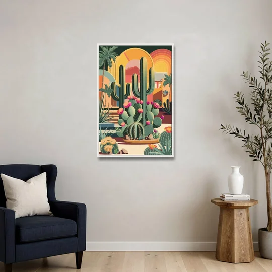Palm Springs Colorful Cactus - White Framed Canvas Wall Art - Sofa - 24x36