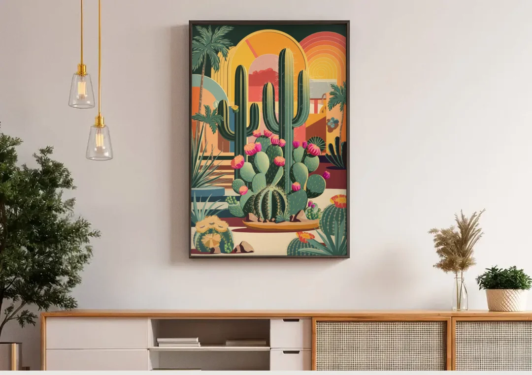 Palm Springs Colorful Cactus canvas wall art above a wooden sideboard under pendant lights