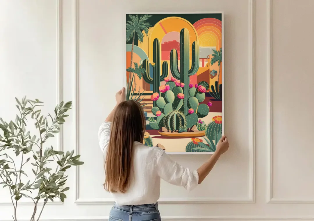 Palm Springs Colorful Cactus canvas wall art being hung on a paneled wall