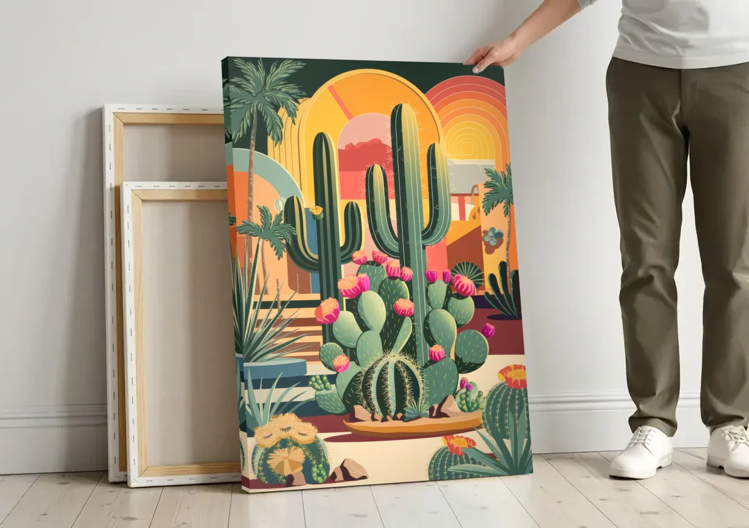 Palm Springs Colorful Cactus canvas wall art leaning against a wall next to blank canvases