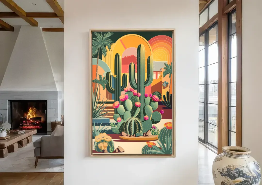 Palm Springs Colorful Cactus canvas wall art in a living room with a fireplace