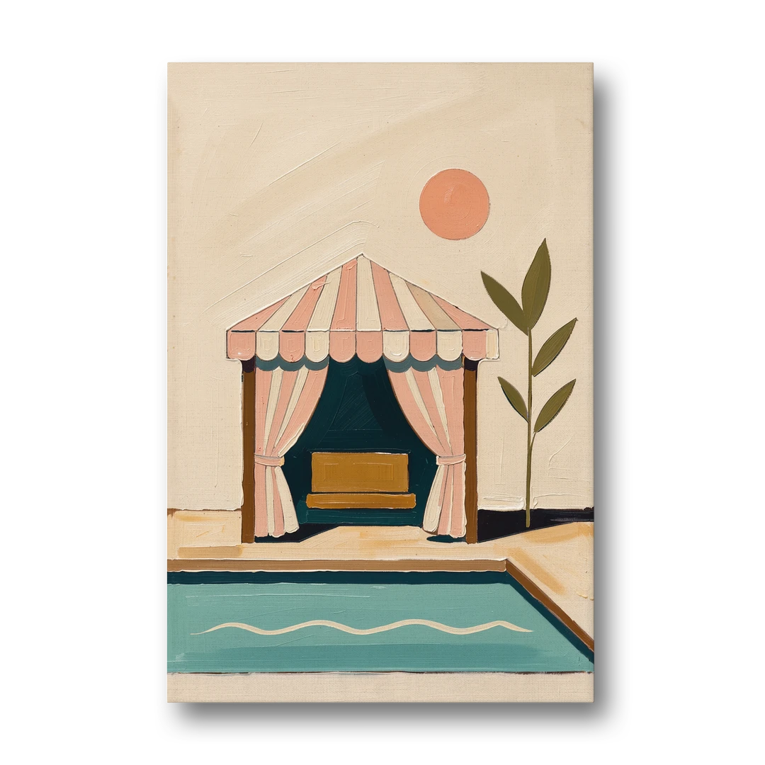 Palm Springs Decor Striped Cabana by the Pool - Canvas Wall Art - Front