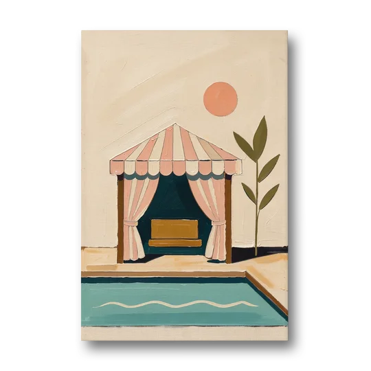 Palm Springs Decor Striped Cabana by the Pool - Canvas Wall Art - Front