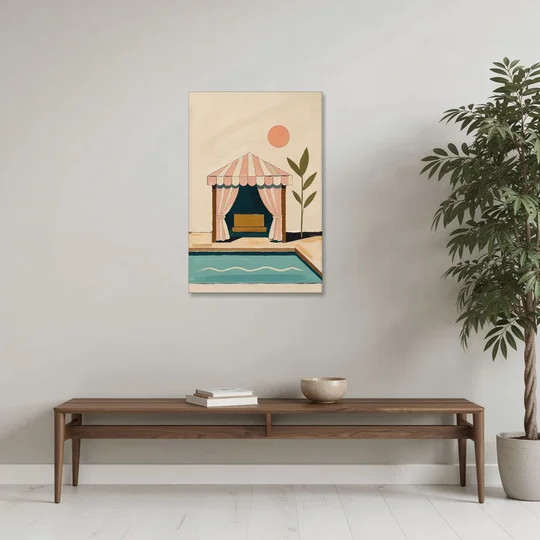 Palm Springs Decor Striped Cabana by the Pool - Canvas Wall Art - Coffee Table - 24x36