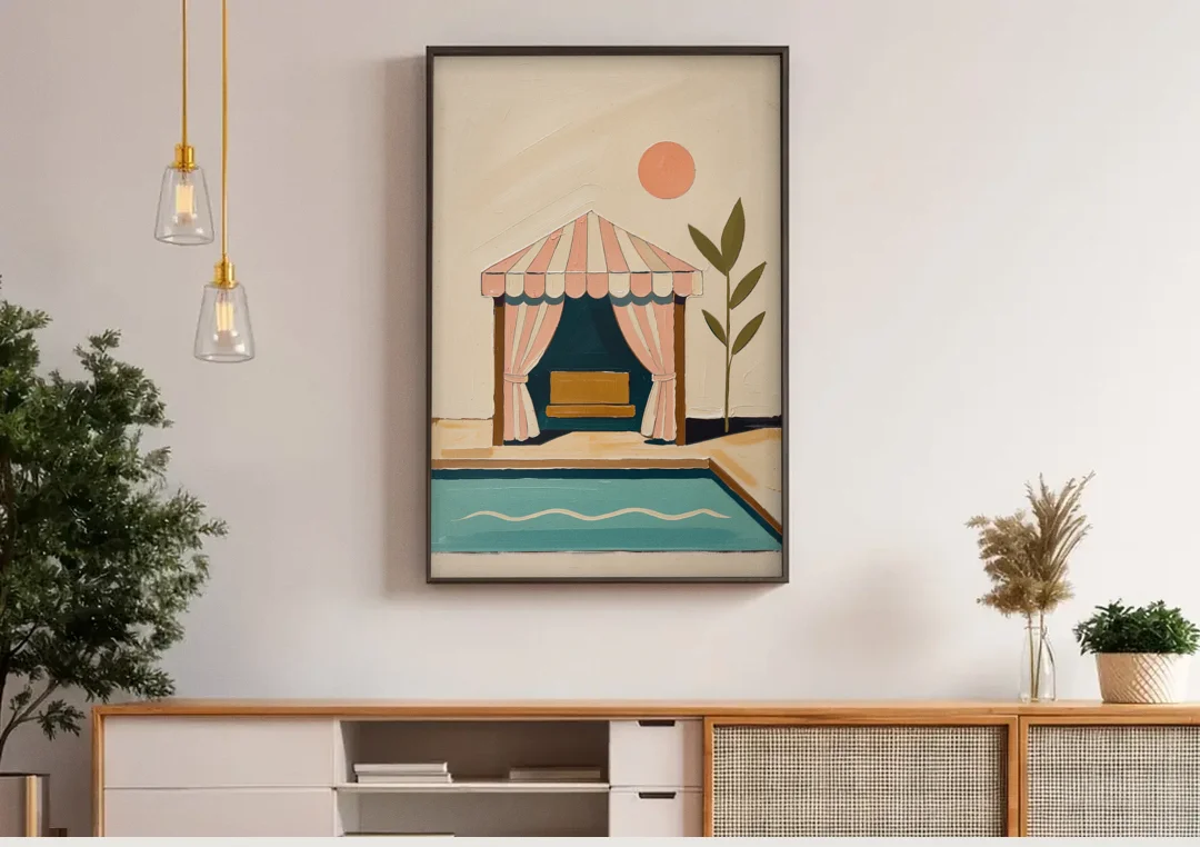 Palm Springs Decor Striped Cabana by the Pool canvas wall art above a wooden sideboard under pendant lights