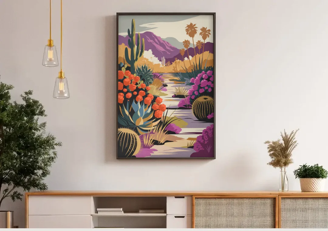 Palm Springs Desert Bloom canvas wall art above a wooden sideboard under pendant lights