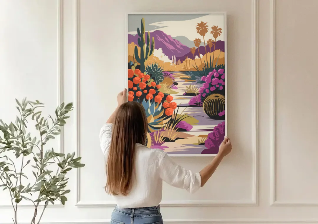Palm Springs Desert Bloom canvas wall art being hung on a paneled wall