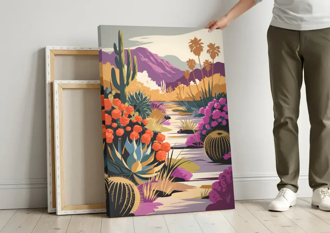 Palm Springs Desert Bloom canvas wall art leaning against a wall next to blank canvases