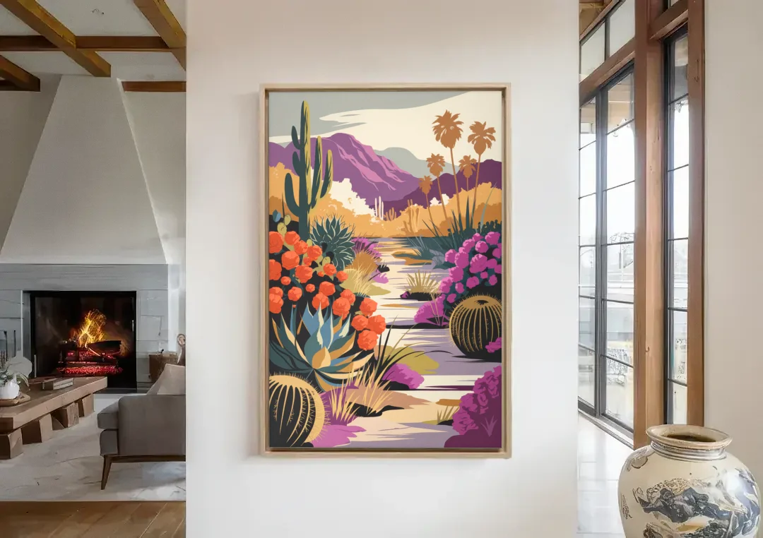 Palm Springs Desert Bloom canvas wall art in a living room with a fireplace