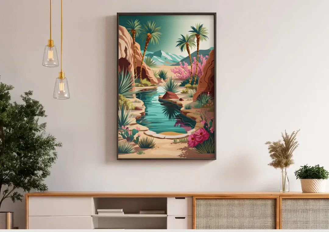 Palm Springs Desert Oasis canvas wall art above a wooden sideboard under pendant lights