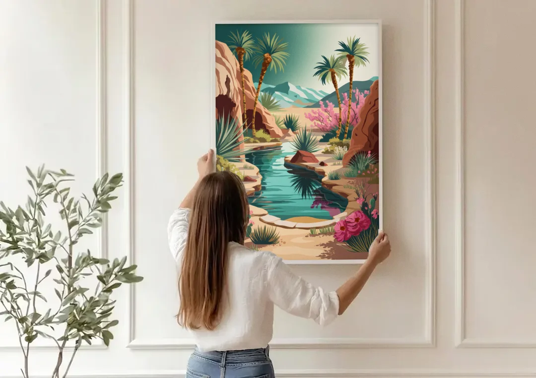 Palm Springs Desert Oasis canvas wall art being hung on a paneled wall