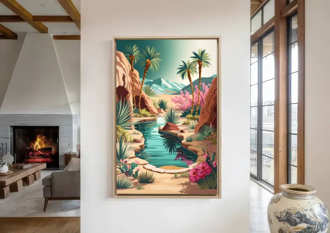 Palm Springs Desert Oasis canvas wall art in a living room with a fireplace