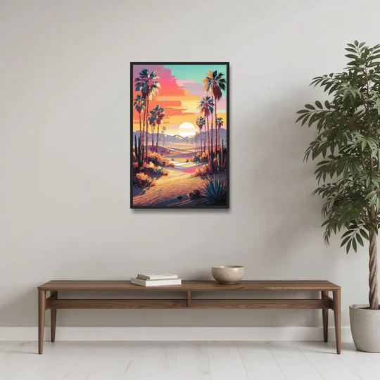 Palm Springs Desert Sunset - Black Framed Canvas Wall Art - Coffee Table - 24x36