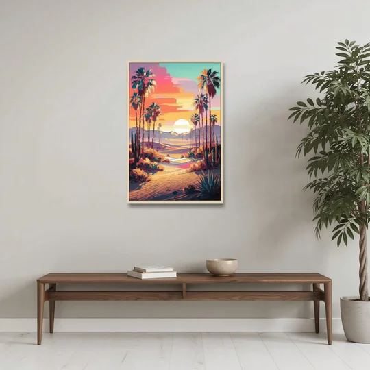Palm Springs Desert Sunset - Oak Framed Canvas Wall Art - Coffee Table - 24x36