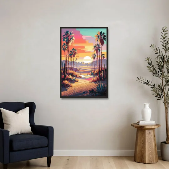 Palm Springs Desert Sunset - Black Framed Canvas Wall Art - Sofa - 24x36