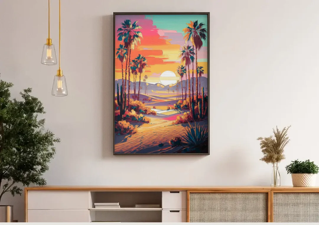 Palm Springs Desert Sunset canvas wall art above a wooden sideboard under pendant lights