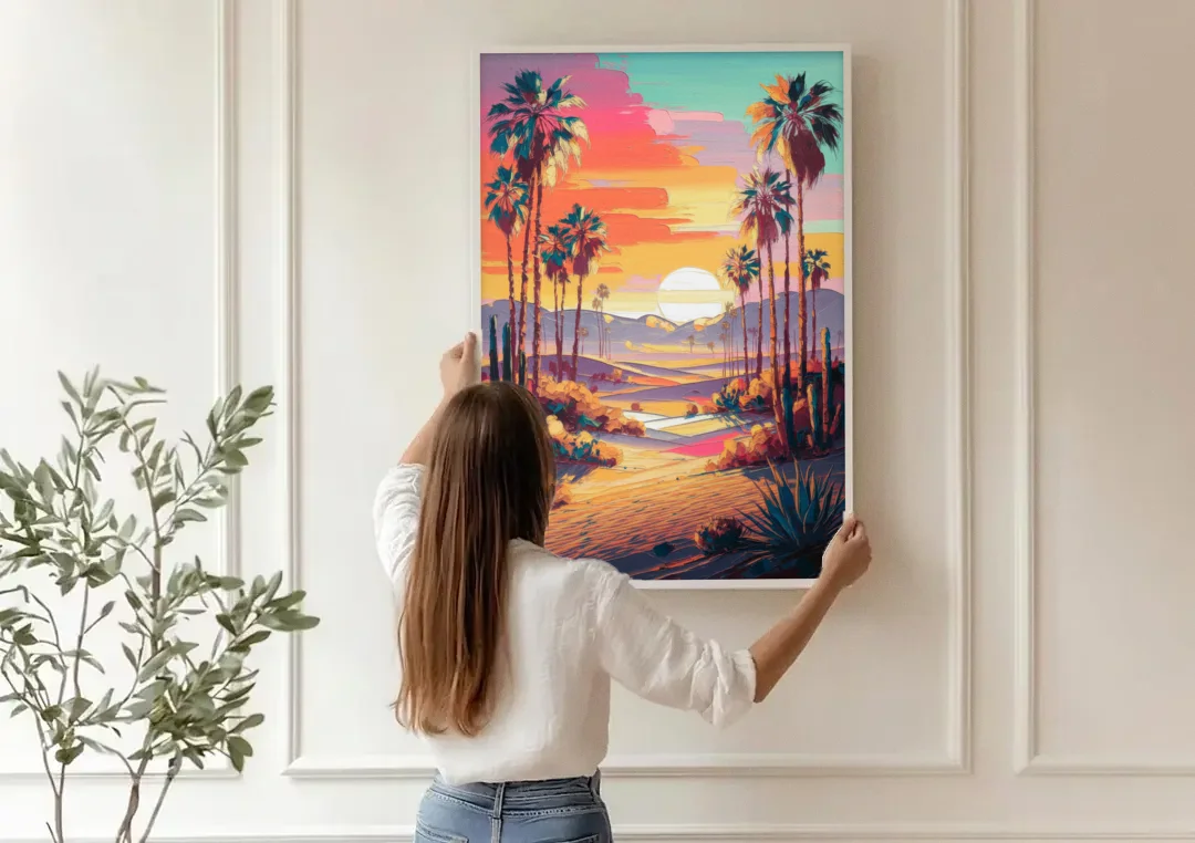 Palm Springs Desert Sunset canvas wall art being hung on a paneled wall