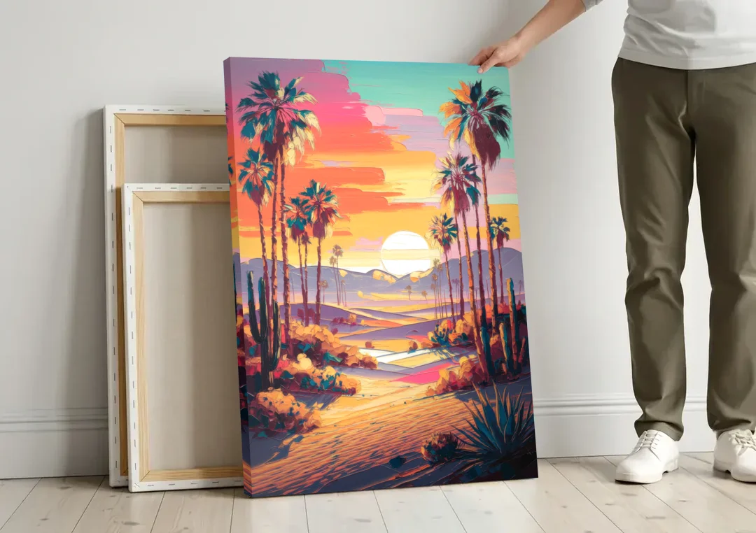Palm Springs Desert Sunset canvas wall art leaning against a wall next to blank canvases