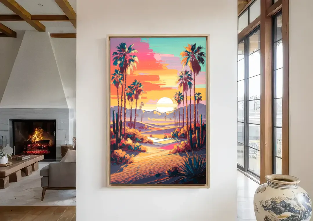 Palm Springs Desert Sunset canvas wall art in a living room with a fireplace