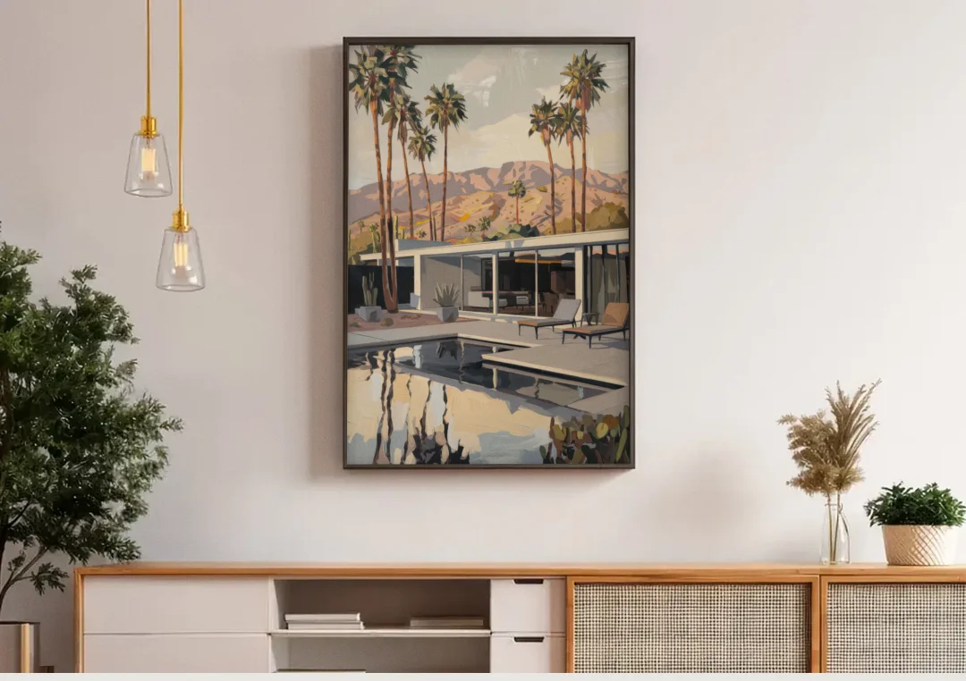 Palm Springs Mid Century Vibes canvas wall art above a wooden sideboard under pendant lights