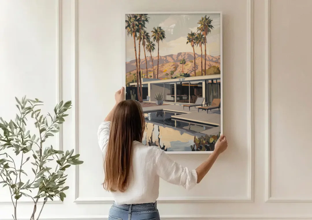 Palm Springs Mid Century Vibes canvas wall art being hung on a paneled wall